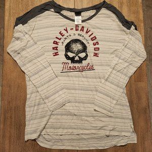Women's Medium Soft Off-White Striped Harley-Davidson Long Sleeve Tee Shirt